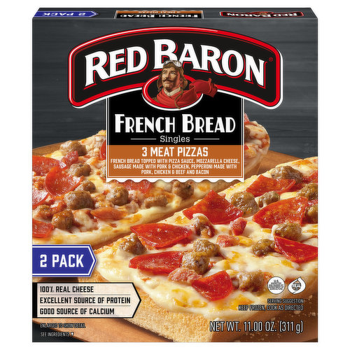 Red Baron French Bread, 3 Meat Pizza, Singles, 2 Pack