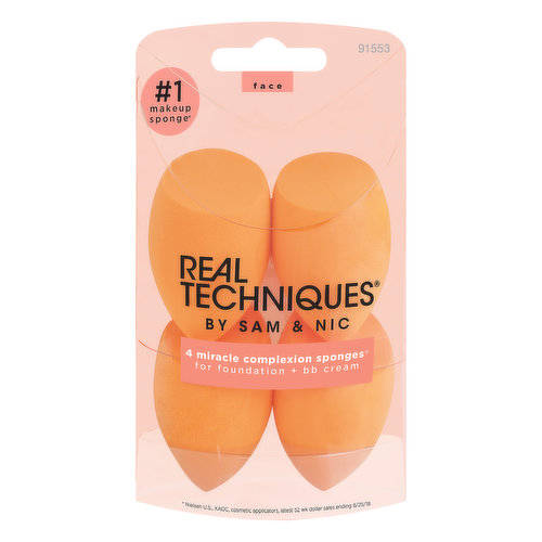 For foundation + bb cream. No. 1 makeup sponge (Nielsen US, XAOC, cosmetic applicators, latest 52 wk dollar sales ending 8/25/18). Soft, flexible foam covers evenly for a flawless finish. Dab. Bounce. Blend. Rounded side for blending. Flat edge for contouring. Pointed tip for concealing. Instagram. Facebook. Twitter. Snapchat. Inspire + share. youtube.com/realtechniques. Made in China.