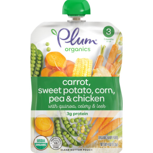 6 Months & up. With quinoa, celery & leek. 3g Protein. USDA Organic. Certified Organic by Oregon Tilth. Certified Non GMO ingredients (The USDA organic regulations prohibit the use of genetically engineered ingredients). Clear bottom pouch.  Little bites. Big impact. Train tiny taste buds with delightful flavors. Why Plum? We're a brand by parents, for parents. And when it comes to feeding your little one, we've got you covered with: Culinary-inspired blends that train tiny taste buds. Certified organic, non-GMO ingredients (The USDA organic regulations prohibit the use of genetically engineered ingredients). A brand that gives back to little ones in need (thank you!). Inspected for wholesomeness by US Department of Agriculture. plumorganics.com. A mission-driven company that gives back.  Non-BPA packaging.