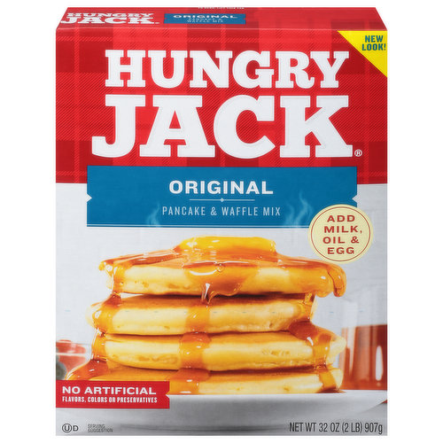 New look. Add milk, oil & egg. For over 70 years Hungry Jack has been working hard to give you easy ways to enjoy simple, delicious meals that satisfy. There's no frills or fuss, just the great taste of hearty meals that turn out right every time. So pull up a chair and dig into delicious. Flap-Jacking made easy with Hungry Jack Syrup. Pour on with an easy pour cap & microwaveable bottle. Saturday mornings the way you want them.