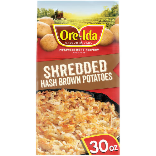 Ore-Ida Shredded Hash Brown Potatoes make it easy to enjoy easy hash browns at home. These hash browns are made from freshly peeled, American grown potatoes. These gluten free shredded hash browns offer a golden, crispy texture to make your next family breakfast a success. Toss these shredded potatoes in a skillet with a little oil to cook them according to package instructions for perfectly crispy results. A classic potato option, these frozen hash browns are perfect as a breakfast side dish or in a casserole. These breakfast potatoes come sealed in a 30 ounce bag to help lock in flavor. Your family deserves the highest quality.