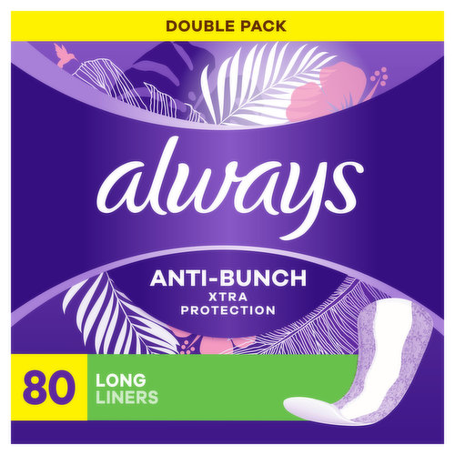 Always Daily Liners Anti-Bunch Xtra Protection Daily Liners Long Absorbency Unscented, 80 Count