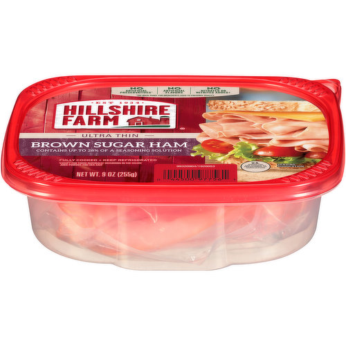 Enjoy premium sliced ham lunch meat with Hillshire Farm Ultra Thin Sliced Brown Sugar Ham Deli Meat. Made with slow cooked brown sugar and no artificial flavors, our sweet ham is 97% fat-free. Fully cooked and ready-to-eat, simply serve this sliced deli meat with cheese, tomatoes and lettuce on Italian bread for a delicious sandwich. This package is double-sealed for absolute freshness.