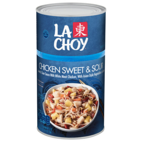 No artificial colors. La Choy Chicken Sweet & Sour combines Asian-style vegetables with chunks of sweet pineapple and tender cuts of white meat chicken in a specially seasoned sauce.