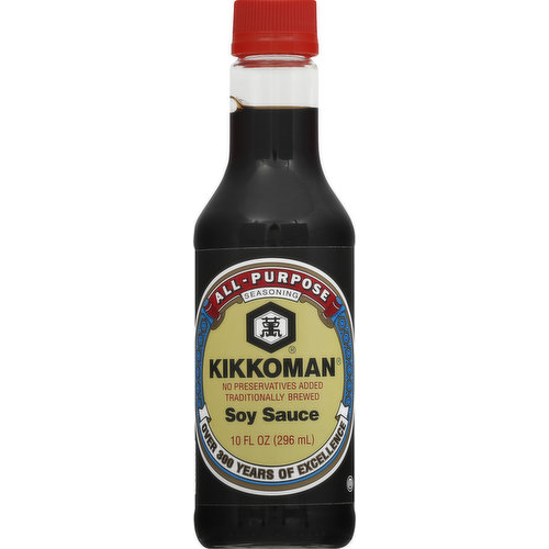 All-purpose seasoning. Non GMO Project verified. nongmoproject.org. No preservatives added. Traditionally brewed. Over 300 years of excellence. www.KikkomanUSA.com. Visit us at www.KikkomanUSA.com. Brewed in USA.