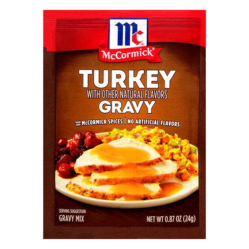 Delicious homemade turkey gravy in 5 minutes! Made with McCormick spices and no artificial flavors, this smooth gravy deserves its own holiday. It adds savory goodness to mashed potatoes, turkey and stuffing.  With McCormick Turkey Gravy Mix, you can serve a rich gravy for everyday as well as holiday meals that you can feel good about. This mix doesn't contain added MSG* or artificial flavors, so you can pour it over mashed potatoes or stuffing knowing you're serving your family the very best. And it’s ready in 5 minutes  ̶  just mix 1 package with a cup of water and simmer for 1 minute for a tasty gravy. Use our Gravy Mix and leftover turkey to prepare pot pie and chowder recipes.  *except those naturally occurring glutamates