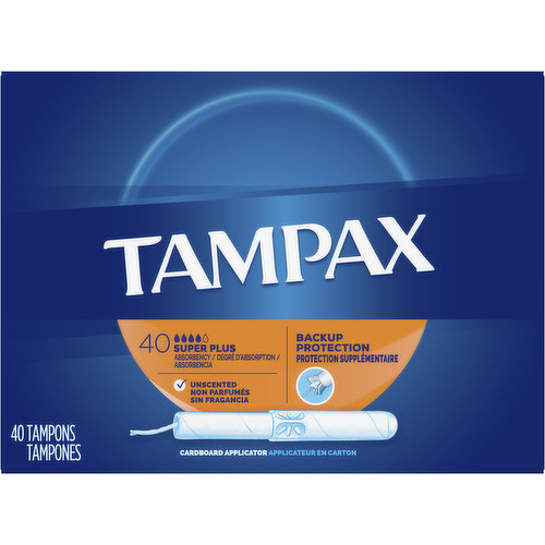 Backup protection. Free of perfume. Free of elemental chlorine bleaching. Tampons free of dyes. Clinically tested gentle to skin. Use for 8 hours maximum. Absorbency: Super Plus; Absorbency Range (Grams): 12-15 g. Tampax Guarantee: 1-800-398-3766. Satisfaction Guaranteed, or your money back. If not satisfied with the performance of Tampax, send original receipt and UPC within 60 days of purchase for a refund via a prepaid card in the amount of your purchase. Limited to one redemption per name, address or household; no organizations. Call 1-800-398-3766 for more information. www.tampax.com. www.pg.com. how2recycle.info. Questions? 1-800-523-0014. www.tampax.com. Next time try Tampax Pearl, comfortable, dependable protection - satisfaction guaranteed. Made in USA.