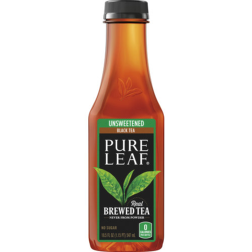 Real brewed tea. Never from powder. 0 calories per bottle. No sugar. Caffeine Content: 84mg/18.5 fl oz. Real tea, done right. Our Real-Brewed Difference: Taste iced tea the way it was meant to be: brewed from real tea leaves, fresh-picked, carefully dried, and expertly brewed. Pure Leaf is never made from powder, so you can enjoy the delicious taste of real-brewed iced tea in every bottle. NO HFCS: No high fructose corn syrup. PureLeaf.com. We’re here to help. PureLeaf.com or 866.612.2076 Rainforest Alliance Certified Tea. Please recycle. Brewed in USA.