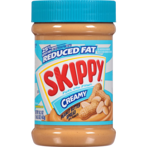 Fat contents has been reduced from 16 g to 12 g per serving. Gluten-free. 25% less fat than our regular peanut butter. Reduced fat. See nutrition information for fat and saturated fat content. Fuel the fun! 60% peanuts. Did you know? Skippy reduced fat peanut butter spread has 6 grams of protein per serving. So when combined with nutritious foods like whole grain bread, hit & milk, Skippy reduced fat peanut butter spread helps restore your family's energy and leaves then feeling charged! www.peanuts.com. Visit us at: peanutbutter.com. Comments and questions call 1-866-4SKIPPY.