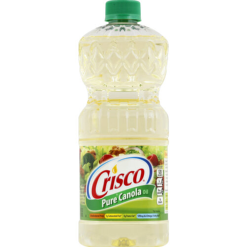 Per 1 tbsp: 120 calories; 1 g sat fat (5% DV); 0 mg sodium (0% DV); 0 g sugars. Cholesterol free. 1 g saturated fat (Per serving). 0 g trans fat (Per serving). 1290 mg ALA omega-3 fatty acid (Per serving). See nutrition information for fat content. Canola oil is a cholesterol free food with 14 g of total fat per serving. Questions? Comments? 1-800-766-7309. www.crisco.com. Crisco is cooking. Crisco Pure Canola Oil is great for all purpose cooking. Especially Good for: salad dressings; marinades; baking; sauteing. Saturated Fat per Tablespoon: Canola Oil: 1 gram; Olive Oil: 2 grams; Corn Oil: 2 grams. 14 g total fat per serving. Processed from Canadian oil.