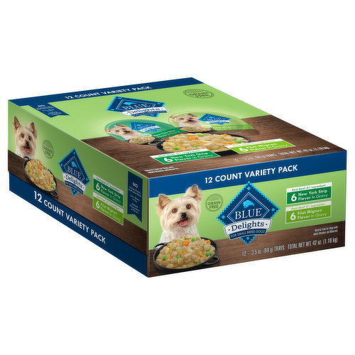 Blue Buffalo BLUE Delights Natural Adult Small Breed Wet Dog Food Cups Variety Pack, in Hearty Gravy, Filet Mignon & New York Strip