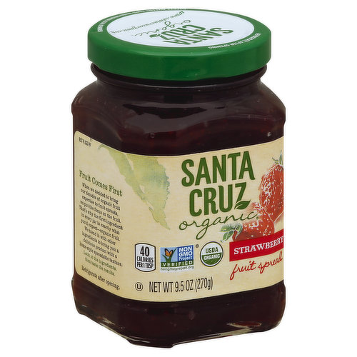 40 calories per 1 tbsp. Non GMO Project verified. nongmoproject.org. USDA organic. www.santacruzorganic.com. Fruit Comes First: When we decided to bring our decades of organic fruit expertise to fruit spreads, we put the focus on the fruit. That's why the first ingredient in every jar is exactly what you'd expect - organic fruit. We blend it with other ingredients to bring you a delicious product with a home-style spreadable texture. Look at the ingredients, then taste the results. Certified organic by Quality Assurance International. Gluten-free.
