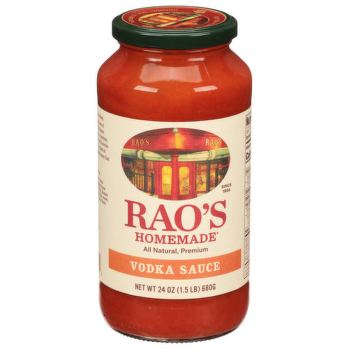 Since 1896. All natural, premium. Over 120 years in the making. Bring home the famous taste of Rao's Homemade Vodka Sauce. This rich blend of Italian tomatoes, Parmigiano Reggiano and Pecorino Romano cheeses with a splash of vodka is a bright, creamy sauce that accents any dish.