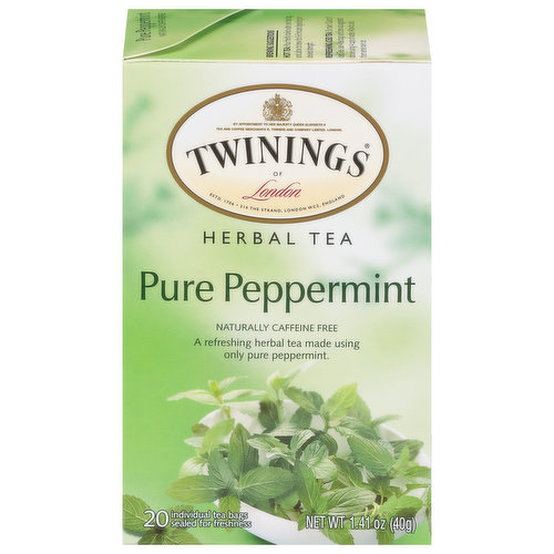 Twinings Pure Peppermint Herbal Tea is a refreshing caffeine free herbal tea expertly blended using only 100% pure peppermint to deliver an invigorating tea with an uplifting aroma and fresh mint taste that helps you feel good inside and out . To brew the perfect cup, steep one tea bag for 5 minutes in boiling water. Herbs have a long history of documented use tracing back to Ancient Egypt, Ancient China and to the beginning of Ayurveda science in India. Herbal teas can be made from any combination of flowers, leaves, seeds, roots, citrus or berry fruits herbs and spices-which is why the number of unique blends available is virtually limitless. Camomile, Peppermint, Ginger and Hibiscus are some of the most popular ingredients used today. At Twinings, we believe in living well and enjoying life. Backed by generations of trusted knowledge and ethical integrity, our Master Blenders are committed to delivering nature’s goodness and ensuring consistent taste and quality by sourcing the world’s finest herbs, fruits, and teas. From traditional teas to functional blends, Twinings encourages consumers to “Drink in Life” by celebrating the small steps that make wellbeing attainable and remain committed to an optimistic life that is well-lived, one sip at a time.