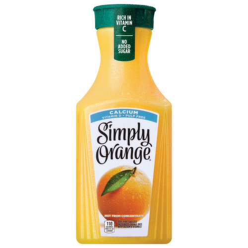 For Simply Orange Pulp Free with Calcium & Vitamin D, we carefully select real, ripe oranges and turn them into a deliciously simple pulp-free orange juice. Not from concentrate and never frozen, with a deliciously fresh-squeezed taste. 
 
Simple ingredients and the Simply Fresh Taste Guarantee make for a refreshing, non-GMO orange juice you can enjoy with breakfast, lunch or any time in between. Simply Orange is 100% pure-squeezed pasteurized orange juiceeverything you love with the addition of calcium and vitamin D alongside the naturally occurring vitamin C.
 
With Simply Orange Pulp Free with Calcium & Vitamin D, the difference is clear. Because with Simply, theres nothing to hide.