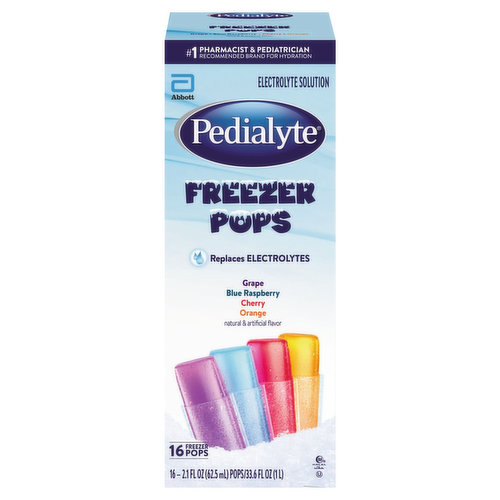 No.1 pharmacist & pediatrician recommended brand for hydration. Electrolyte solution. Replaces electrolytes. Trusted by doctors and hospitals since 1966. Designed for fast, effective rehydration. Pedialyte is designed to prevent dehydration (For mild to moderate dehydration) more effectively than common beverages. Pedialyte quickly replenishes fluids and electrolytes to help prevent dehydration due to: vomiting & diarrhea; heat exhaustion; intense exercise; travel. Use Pedialyte rather than juices, sodas, or sports drinks, which contain too much sugar and can make diarrhea worse. Note: Like colored ices, Pedialyte Freezer Pops may temporarily color mouth. Please recycle paperboard cartons.