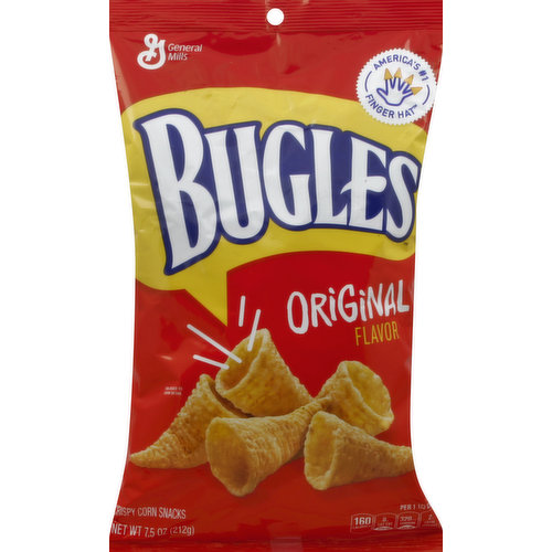 Per 1-1/3 Cups: 160 calories; 8 g sat fat (41% DV); 320 mg sodium (13% DV); 2 g total sugars. Carbohydrate Choices: 1. America's no 1 finger hat. Who should eat Bugles? Anyone. Hockey moms and referees. Father and son curling teams. Book clubbers. Landlubbers. Even party sound dubbers. Band leaders. Lead singers. Lion tamers. All-night gamers. Nine out of ten doctors. And everyone. Da ta dah. (hashtag)buglefingers. Bugles Nacho Cheese. Bugles Caramel. Bugles Ranch. Partially produced with genetic engineering. Learn more at Ask.GeneralMills.com. 1-800-231-0308 Mon-Fri 7:30 am - 5:30 pm CT. www.generalmills.com. Official Coupon: Box Tops for Education. how2recycle.info.