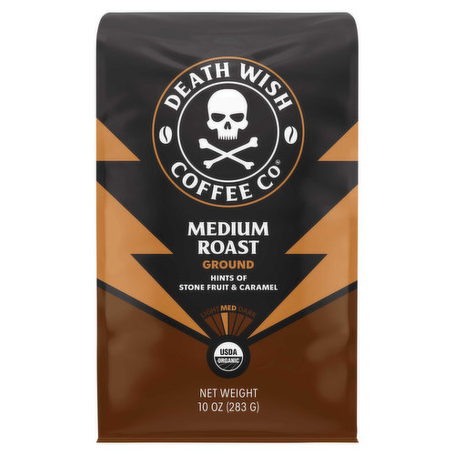 Death Wish Coffee Co Coffee, Ground, Medium Roast, Hints of Stone Fruit & Caramel