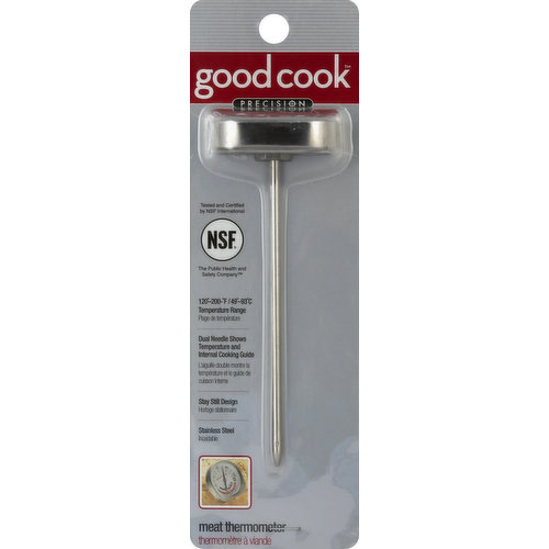 Tested and certified by NSF international. The Public Health and Safety Company. 120-220 degrees F/49-93 degrees C temperature range. Dual needle shows temperature and internal cooking guide. Stay still design. Stainless steel. www.goodcook.com. 100% satisfaction guarantee. Made in China.