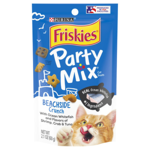Calorie Content (calculated)(ME): 4002 kcal/kg, 1.3 kcal/piece. Purina Friskies Party Mix Beachside Crunch is formulated to meet the nutritional levels established by the AAFCO Cat Food Nutrient Profiles for maintenance of adult cats. With ocean whitefish and flavors of shrimp, crab & tuna. Under 2 calories per treat. Real ocean whitefish no. 1 ingredient. For a party-starting mix of Yum! The tasty crunch of Party Mix made with Real Fish as ingredient no. 1. Complete and balanced for adult cats. Helps clean teeth. Crunchy. Purina.com. Reseal for freshness. Produced in USA facilities. Printed in USA.