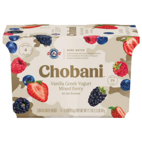 Chobani Yogurt, Greek, Lowfat, Mixed Berry on the Bottom, Vanilla, Value 4 Pack