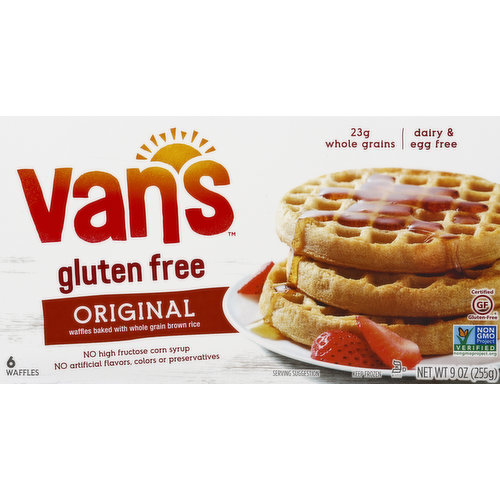 Waffles baked with whole grain brown rice. No high fructose corn syrup. No artificial flavors, colors or preservatives. 23 g whole grains. Dairy & egg free. Certified gluten-free. Non GMO Project verified. nongmoproject.org. Full serving of whole grains. Corn free. Cholesterol free. Dear Friends, We know that you care about the foods you and your family eat. We do too! For nearly 50 years, it's been our mission to bring together simple nourishing ingredients in a way that makes our foods deliciously irresistible. We first treated folks to our wholesome meets awesome combo at our original Redondo Beach restaurant in 1968, and we've never looked back! So rest assured that whenever you've got Van's Foods, you've got a wholesome choice that also tastes awesome! - Van's. SmartLabel. 50%+ Whole Grain: 23 g or more per serving. 50% or more of the grain is whole grain. WholeGrainsCouncil.org. Wholesome meets awesome with Van's gluten free family, including our snack bars, cereals and waffles. Visit vansfoods.com for more! Have a question or comment? Call us at: 1-855-258-5685. Visit us at: www.vansfoods.com and join the Van's community. Facebook. Instagram.