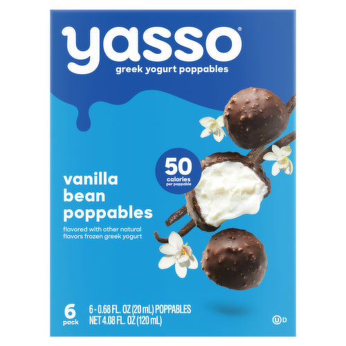 Second to 'nil. We took the creamiest vanilla flavored with other natural flavors frozen Greek yogurt and dunked each snackable scoop into a chocolatey quinoa crisps studded shell. So go ahead, call us basic. At 50 calories per Popppable, we're too busy snacking to care. Enjoy! - Amanda & Drew, Founders. Live & active cultures. Meet the Fam: Everything you need to build the snack drawer of your dreams - sandwiches, bars, dipped. When the inside is creamy loaded and the outside is chocolatey coated - yes, you should. When I dip, you dip, we dip. Looks like the freezer is the new 'snack drawer'. Recyclable. Yasso Game On! Foundation: Thank you for supporting Game On! with your purchase. Learn how we work to inspire health and happiness in communities with out Game On! Foundation at yasso.com/game-on.