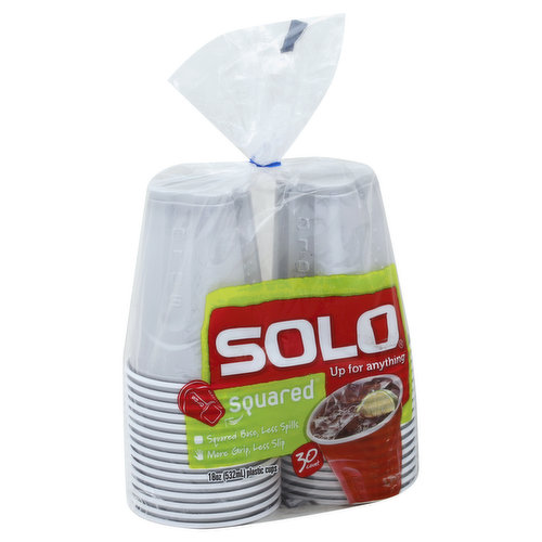 532 ml. Squared base, less spill. More grip, less slip. Up for anything. BPA free. Recyclable in the few communities with facilities for recycling polystyrene products. Questions? 1-877-Solonow. www.solocup.com.