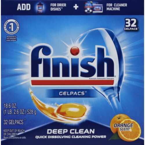 Worlds No. 1 recommended brand. Recommended by more dishwasher brands worldwide (More dishwasher brands recommend Finish Products worldwide than any other brand). Quick dissolving cleaning power. Fast action deep clean. Pre-Soakers: Burst into action to scrub away the toughest food residues like baked-on lasagna and dried-on oatmeal. Powerful Cleaners: Remove even the toughest stains and gently scrub your dishes and glasses sparkling clean. Discover our product range for amazing cleaning results. All in 1 (8 x): Powerful cleaning; scrubs away dried-on leftovers; cuts through grease stains; attacks burnt-on food; targets tough stains; pre-soaking action; rinses away residues; no need to pre-rinse. Contains less than 0.5% phosphorus by weight. Finish detergents Gelpacs are safe for septic systems. Make sure all items are dish washer safe and separate silver from stainless steel. Wash metal items according to manufacture's instructions. Safe to use on china and glassware. In hard water conditions, it may be necessary to continue to use Finish Jet-Dry Rinse Agent for optimal results. In extreme hard water conditions, monthly use of Finish Dishwasher Cleaner may be necessary for optimal results. Settling of tabs may occur in shipment. Only use dishwasher safe items in your dishwasher. Health. Hygiene. Home. Questions? 1-800-228-4722. For ingredient and other information, wwww.finishdishwashing.com. Container is recyclable where recycling facilities exist. Made in USA.