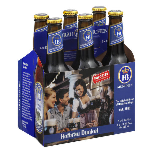 Est. 1589. The original brew of Bavarian kings. Imported from Munich/Germany. Our foundation beer, Hofbrau Dunkel or dark lager was the first beer brewed at the Hofbrauhaus in 1589. It has a deep brown color and is brewed with three selected malts to provide its full flavored palate of dark caramel and rich chocolate. It pairs extremely well with roast, smoked meats and sausage. This archetypal Bavarian beer is brewed in the traditional Munich style. Dark Munich specialty. Brewed according to the German purity law. Approx. 6 x 1.4 standard drinks. 5.5% Alc/Vol.