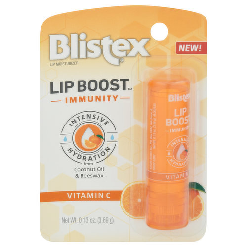 New! Intensive hydration from coconut oil & beeswax. Blistex Lip Boost provides outstanding moisturization plus an added boost to your health and wellness routine. A Boost of Immunity: Lip Boost Immunity adds Vitamin C to a rich moisturizing blend. Vitamin C is known to provide outstanding hydration and overall immunity support. It helps keep lips moisturized and healthy with a refreshing orange flavor. Soft, Healthy Lips: Lip Boost blends coconut oil, candelilla and beeswax to provide intensive hydration for soft and smooth lips.