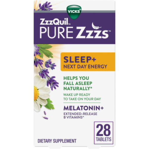 Vicks PURE Zzzs ZzzQuil PURE Zzzs Sleep+ Next Day Energy Melatonin, Extended Release B-Vitamins, Purple, 28 Tablets