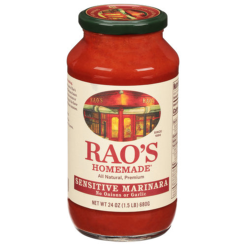 Since 1896. No onions or garlic. Over 120 years in the making. Bring home the famous taste of Rao's Homemade Sensitive Marinara Sauce. This sauce does not contain onions or garlic, while still keeping all the flavor of our slow-simmered Italian tomatoes. Heat. Serve.
