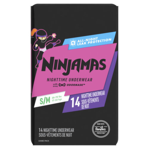 Ninjamas Nighttime Underwear Nighttime Bedwetting Underwear Girl Size S/M 14 Count