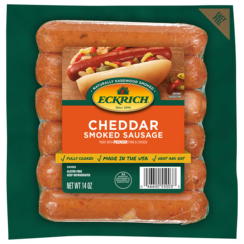 Eckrich Cheddar Smoked Sausage is Naturally Hardwood Smoked and crafted with just the right blend of flavorings, for a truly rich, savory taste.