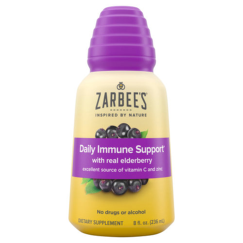 Zarbees Daily Immune Support* syrup with real elderberry provides you with an excellent source of vitamin C and zinc for immune support.* Our supplement contains nutrients, antioxidants, and flavonoids, which also help support healthy cells and immune function.* Formulated with ingredients like real elderberry extract, this immune support liquid is safe & effective for adults and kids ages 12+.* This great-tasting, natural berry flavor syrup can be consumed daily. Our Elderberry Immune Support* syrup is made from carefully selected ingredients inspired by nature— free of drugs, alcohol, artificial sweeteners, artificial flavors, dyes, and gluten. Proactively support your day-to-day health and wellbeing with Zarbee’s Daily Immune Support* Syrup. *These statements have not been evaluated by the Food and Drug Administration. This product is not intended to diagnose, treat, cure, or prevent any disease.