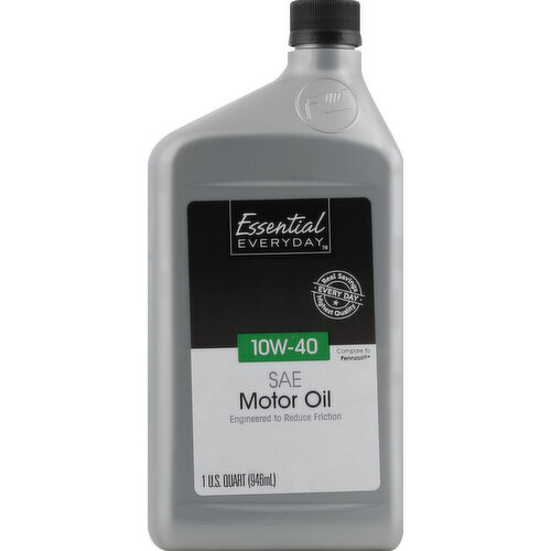 Engineered to reduce friction. Compare to Pennzoil (Pennzoil is a registered trademark of Pennzoil-Quaker State Company. This product is not manufactured or made under the authorization of Pennzoil-Quaker State Company). Real savings, highest quality every day. Essential Everyday All Season SAE 10W-40 motor oil is a premium-quality, multi-grade motor oil designed to provide maximum protection for all types of driving. Exceeds API service classifications SN and previous. Fights wear, sludge buildup and deposits. Helps keep engines running cleanly and efficiently. Aids cold weather starts and provides high temperature protection. Exceeds North American warranty requirements for worldwide car and light truck manufacturers of gasoline engines including US, Japanese and European manufacturers where API SN and previous standards are specified. Check owner's manual for proper SAE grade and API classifications. Contains petroleum oil. Don't pollute. Conserve resources. Recycle used oil and bottle. Made in USA.