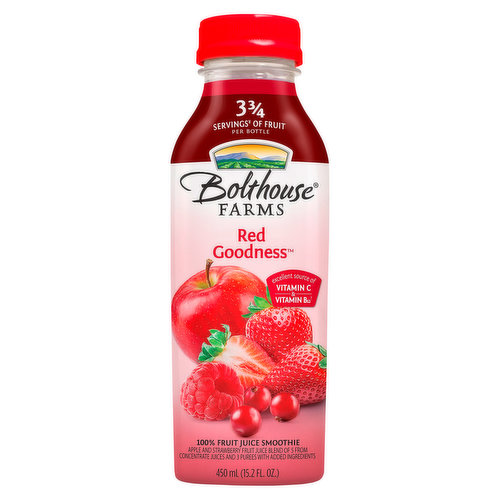 100% fruit juice smoothie. Apple and strawberry fruit juice blend of 5 from concentrate juices and 3 purees with added ingredients. Since 1915. After more than 100 years of working the land, one lesson rises to the top: the best beverages come from the best ingredients. Crisp veggies. Ripe fruit. All blended together to make great-tasting juices, smoothies and protein shakes. Goodness in, goodness out. Flash pasteurized and cold-filled for quality. Feel good. About what's in this bottle. We generously blend our ingredients to deliver an unmatched combination of flavor and nutrition. Which includes the juice of (Not an exhaustive list): 1 1/2 apples. 6 1/2 strawberries. 1/3 banana. 22 cranberries. 9 grapes.