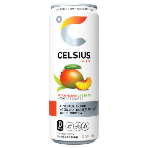 Celsius Live Fit Energy Drink, Peach Mango Green Tea, Non-Carbonated