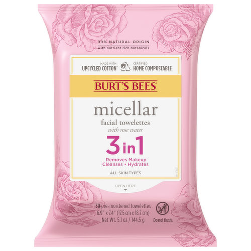 99% natural origin with nutrient rich botanicals. 3 in 1: Removes makeup; Cleanses; Hydrates. All skin types. Clarifying Facial Towelettes with Pink Grapefruit Extract: We take cotton left behind from making t-shirts and turn it into soft towelettes, helping us all close the loop on waste. If your towelette has colorful flecks, don't worry - it's the cotton! Our silky soft towelettes wipe away a day's worth of makeup, dirt and oil - no rinsing required. You're left with soft, clean skin and a hint of fresh Pink Grapefruit scent to awaken your senses. Certified home compostable.