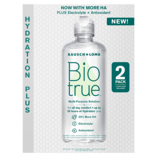 Now with more HA (Compared to Biotrue Multi-Purpose Solution) plus electrolyte + antioxidant (Antioxidant protects hyaluronan against free radicals). New! Bausch + Lomb. For all day comfort + up to 20 hours of Hydration (Based on a laboratory study) plus 25% more HA (Compared to Biotrue Multi-Purpose Solution), electrolyte, antioxidant (Antioxidant protects hyaluronan against free radicals). Conditions, cleans, removes protein, disinfects, rinses, stores for soft contact lenses including silicone hydrogel lenses. We believe that the best inspiration comes from nature. That's why our formula is inspired by the biology of the eye. Biotrue Hydration Plus Multi-Purpose Solution for soft contact lenses including silicone hydrogel lenses. When used daily Biotrue Hydration Plus Multi-Purpose Solution cleans and helps prevent the formation of deposits on lenses. Lens case included. Always consult your eye care practitioner prior to switching to any other multi-purpose solution or if you have questions about your eyes. Formulated for dry, uncomfortable contacts. 25% more HA (Compared to Biotrue Multi-Purpose Solution): More moisture to your lenses for up to 12 hours (Compared to Biotrue Multi-Purpose Solution, Based on a laboratory study). Essential Electrolyte: Found in natural tears. Antioxidant: Antioxidant protects hyaluronan against free radicals. Cleans + Disinfects: Removes dirt and protein buildup. Kills 99.9% of germs tested (Standardized Testing (ISO 14729) against S. aureus, P. aeruginosa, S. marcescens, C. albicans, F. solani). Clinically-tested, enhanced formula (Compared to Biotrue Multi-Purpose Solution). Naturally Inspired Ingredients: Hyaluronan (Hyaluronan is sourced from a large scale natural fermentation process) (HA) is a moisturizer found naturally in tears. Matches the pH of healthy tears to help make contacts comfortable upon insertion.