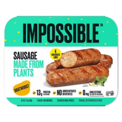 No added nitrates or nitrites. Mmmm - sausage. Bratwurst lovers, this one's for you. Throw 'em on the grill, toss 'em in a bun, these brats are truly the best of the wurst. Every time you eat impossible sausage made from plants (instead of sausage from a pig) you are using: 79% less water. 71% less greenhouse gas emissions. 41% less land. Contains no animal products.