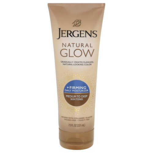 Gradually creates flawless, natural-looking color. Infused with collagen + Elastin. Paraben free. Apply daily to gradually create your ideal color. Create Your Own Sunshine with Jergens Natural Glow Moisturizers. Clinically proven to reduce the appearance of cellulite in as little as 7 days, Jergens Natural Glow + Firming Daily Moisturizer gradually creates and maintains nourished, sun-kissed color for beautiful, glowing skin Our breakthrough formula, with patented technology, delivers flawless award-winning color and a streak-free. hassle-free application experience. Dermatologist tested. Cruelty free.