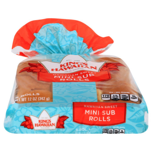 Per 1 Roll Serving: 170 calories; 2.5 g sat fat (13% DV); 150 mg sodium (7% DV); 10 g sugars. Est. 1950. No high fructose corn syrup. No artificial dyes. No trans fat. Our story back in the 1950s in Hilo, Hawaii, a man named Robert R. Taira had a passion for baking. He worked tirelessly to create a bread that was soft, sweet and irresistible. After years of making his bread in Hawaii, Robert dedicated to expand to the mainland. Today, the Taira family continues his legacy of creating inrresistible products made with Aloha Spirit and enjoyed by millions. - Mahalo, The Taira Family. kingshawaiian.com/recipes. www.kingshawaiian.com. Facebook. Pintererst. SmartLabel. Use our rolls to make delicious mini sub sandwiches. For additional inspiration and to learn about our other products (like hot dog buns and our round bread), go to kingshawaiian.com/recipes or check us out on Facebook and Pinterest. Visit us online at: www.kingshawaiian.com. If you have any questions or comments, please email us at: khcares(at)kingshawaiian.com. Consumer Care: (877) My-Khcares (877) 695-4227. Recyclable package. Hilo, Hawaii. Product of USA.