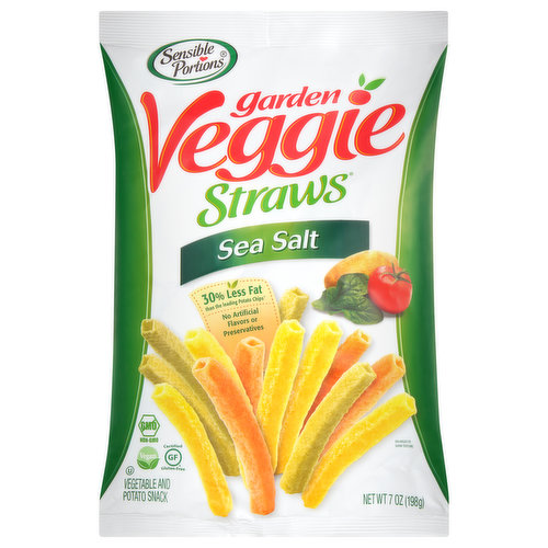 0 g trans fat. 0 mg cholesterol. Vegan. Certified Gluten-free. 30% less fat than the leading potato chips (Per 1 oz Serving: This Product: 7 g fat; Leading Potato Chip: 10 g fat). Non-GMO. No artificial flavors or preservatives. Snack smart. Resist less. What makes our snacks so irresistible? The combination of garden grown potatoes, ripe vegetables, and 30% less fat than the leading potato chip (Per 1 oz Serving: This Product: 7 g fat; Leading Potato Chip: 10 g fat) provides a better-for-you snack. Next, we delicately season them with sea salt. Now you can satisfy your snack cravings in a smart and whole-some way. Snack more. Guilt less. Our straws are not quite a chip, crisp, or stick. These airy, and crunchy straw snacks allow for 38 straws per serving! That is why we call ourselves Sensible Portions. www.sensibleportions.com. Instagram: Facebook: Show how much you like. (hashtag)VeggieVeggieGood. If you are not completely satisfied please call: 800-913-6637. What is your favorite flavor? These tempting snacks also come in other varieties such as Apple Straws cinnamon, and Garden Veggie Straws zesty ranch or Garden Veggie wavy chips perfect for dipping.