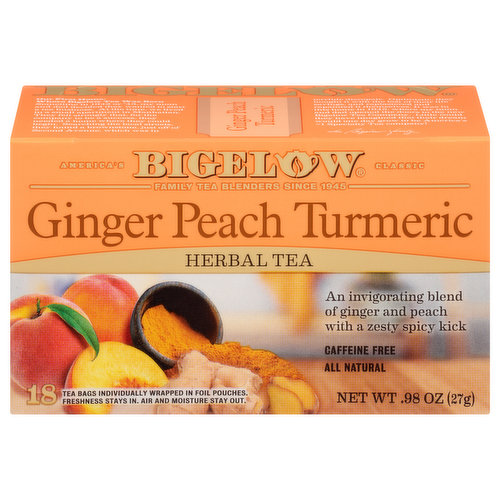 Bigelow Herbal Tea, Ginger Peach Turmeric, Caffeine Free, Tea Bags