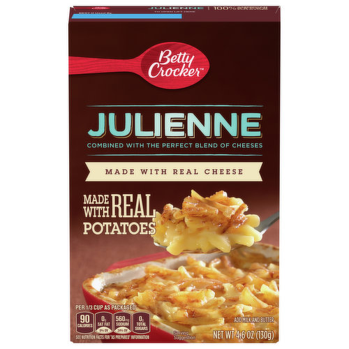 Generations of families have enjoyed the classic taste of Betty Crocker Julienne Potatoes. Cooked in a creamy sauce and seasoned to perfection, these 100% American grown potatoes make a perfect side for dinner. They're quick, easy and always a hit. Keep Betty Crocker Julienne Potatoes on hand for any occasion.For more than a century, Betty Crocker has been a popular creator of easy, delicious recipes. Today, the Betty Crocker kitchen is still providing convenient, tasty dessert mixes, frostings, and convenient meal options and side dishes. And today, you can still find those same products you grew up with on grocery shelves.