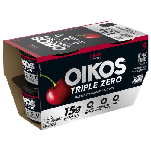 Oikos Triple Zero Yogurt, Cherry Flavored, Nonfat, Blended Greek