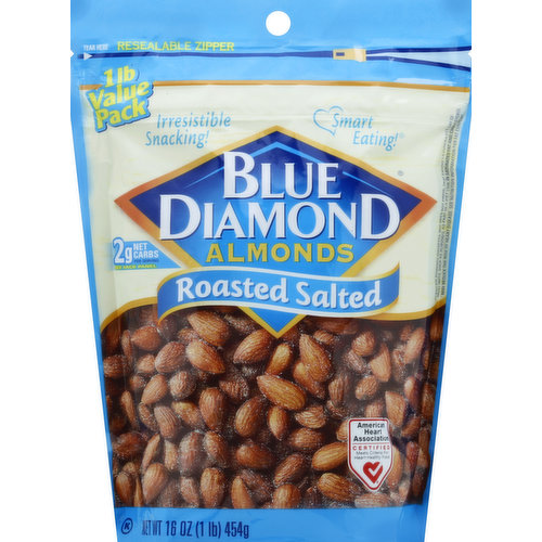 Irresistible snacking! 1 lb value pack. Smart eating! 2 g net carbs per serving, see back panel. American Heart Association certified. Meets criteria for heart-healthy food. Scientific evidence suggests, but does not prove, that eating 1.5 ounces per day of most nuts, such as almonds, as part of a diet low in saturated fat and cholesterol may reduce the risk of heart disease. See nutrition information for fat content. Resealable zipper. Consistent quality and great value! Since 1910, Blue Diamond Growers has been producing the finest quality almonds from orchards in the rich, fertile valleys of California. We are proud to offer you and your family our prime selection of almonds for your snacking enjoyment. This large, convenient, resealable bag provides a great value. Almonds are calorie smart. No cholesterol. Good source of fiber. Good source of protein. No artificial ingredients. From the almond people. 5 g total carbs - 3 g fiber = 2 g net carbs per serving. Questions or comments? Write Blue Diamond customer support, P.O. Box Sacramento, CA 95812, or call 1 (800) 987-2329. Please include code number found on the package with all inquiries. www.bluediamond.com. From California.