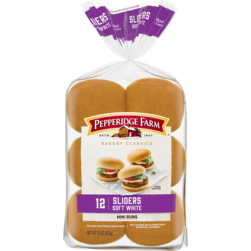 At Pepperidge Farm, we have been baking delicious breads crafted from small-batch recipes and premium ingredients for over 80 years. For us, baking is more than a job, it’s a real passion. Our dedication shows in the care we put into every detail. Pepperidge Farm Bakery Classics stand for quality and our White Slider Buns stay true to the classic recipe you know and love. We use quality ingredients for delicious, versatile classic buns made a little smaller for your sliders. They’re perfect for mini burgers, or pulled pork or chicken sandwiches at your tailgate. No other bun will do. Our barbecue-ready slider buns make your meals a little more special. Enjoy the great taste of homemade with our 15-oz. pack of 12 delicious Pepperidge Farm slider buns.